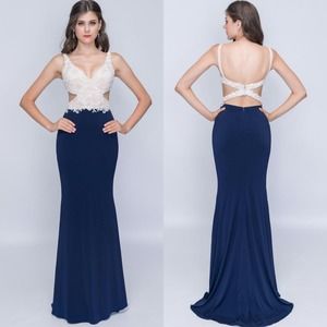 Nina Canacci Formal Evening Dress 10 Embellished Beaded Cut Out Navy‎ Blue Cream